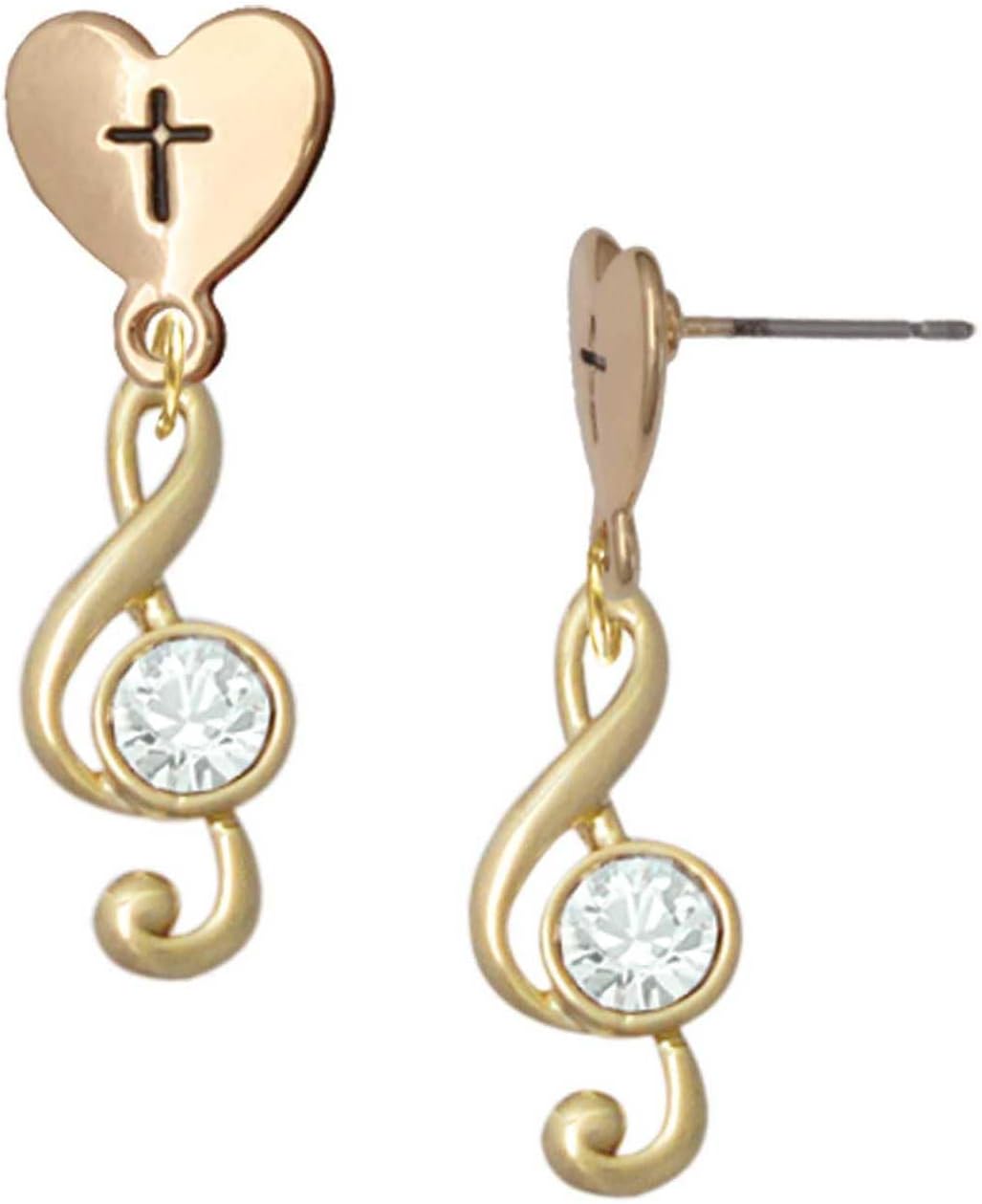 Delight Jewelry Plated Medium Clef with Crystal Plated Cross in Heart Post Dangle Earrings
