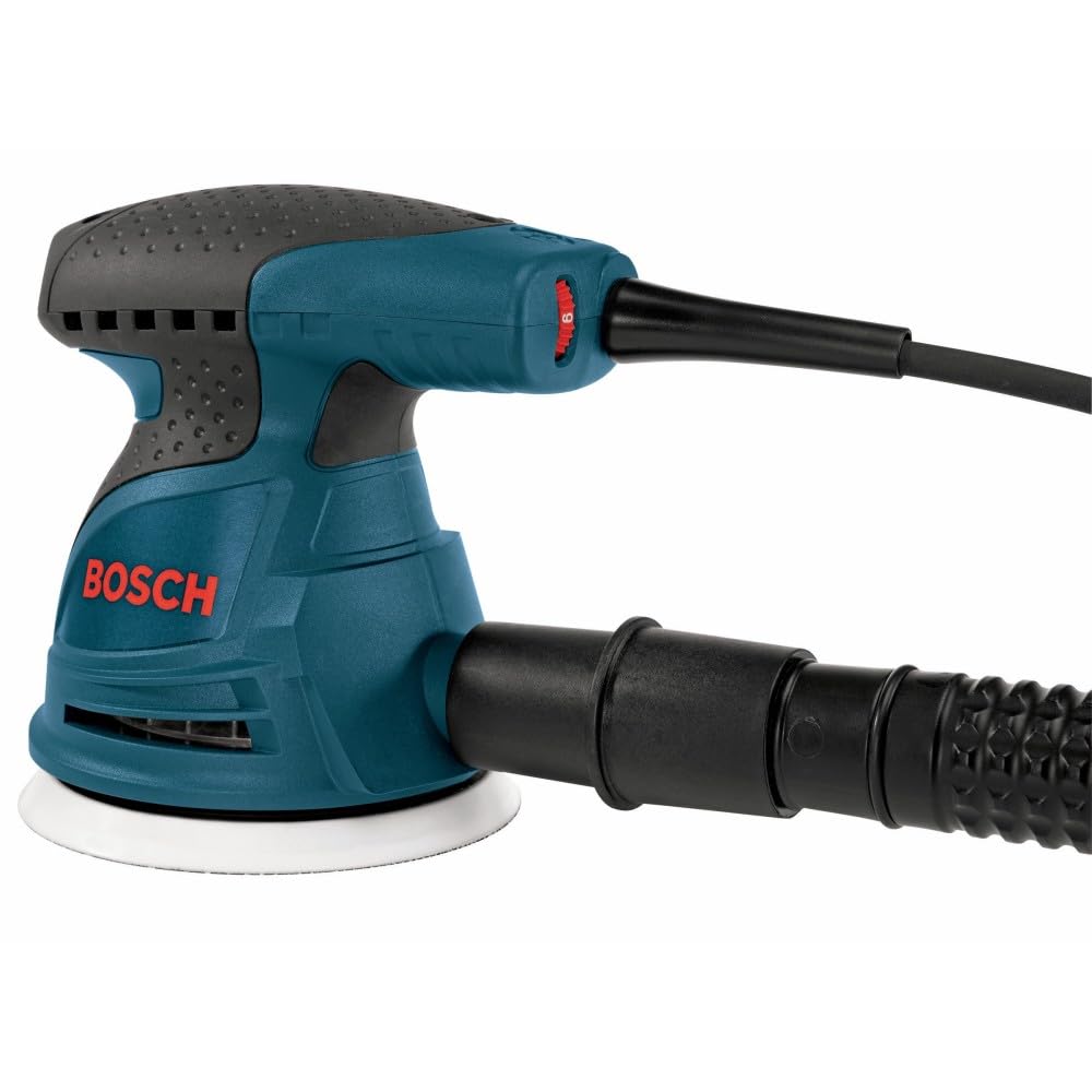 BOSCH ROS20VSK - Lijadora de palma de 2.5 amperios y 5 pulgadas. Kit de lijadora/pulidora orbital aleatoria de velocidad variable con cable con colector de polvo y funda de transporte rígida