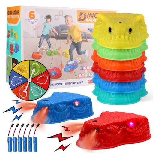 FIIOEOY 6 Pcs Dinosaur Stepping Stones for Kids, Light up Mist Spray & Roaring Non-Slip Balance Stepping Stones with 6 Rechargeable Batteries, Indoor & Outdoor Toys for Toddlers Ages 3-5