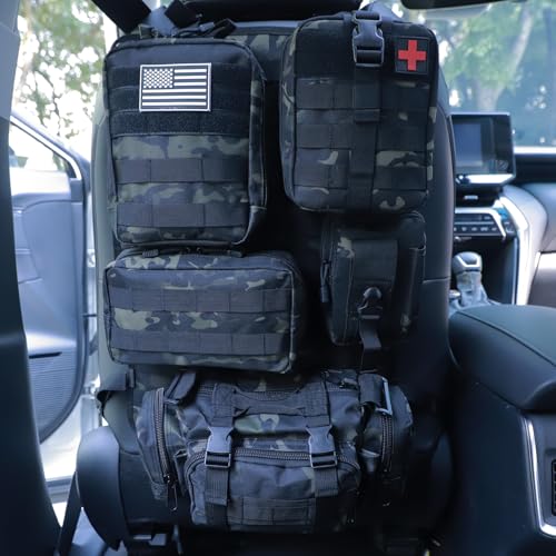 BXBXHD Universeller taktischer Organizer für Autositzrückseite, Molle-Fahrzeug-Organizer, Panel, Fahrzeugschutz, 5 abnehmbare Taschen für Auto, LKW, Ford, Jeep (Schwarz Camo)