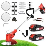 OUTIGO Debroussailleuse Electrique sans Fil, Débroussailleuse à Gazon sans balais avec 2 Batteries et 4 Lames avec poignée réglable, Débroussailleuse à Gazon Portable d'extérieur pour Couper l'herbe