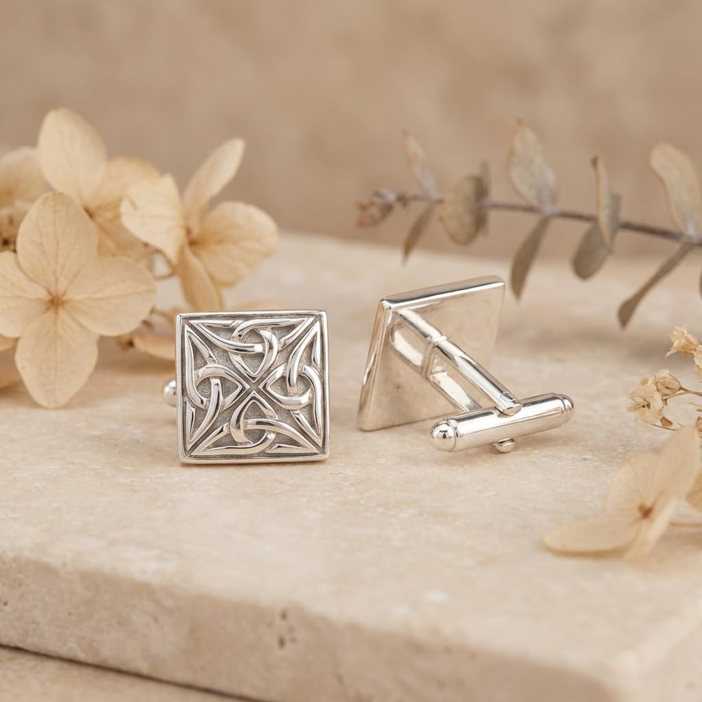 Gemelli quadrati con decorazioni celtiche, in argento Sterling, con confezione regalo
