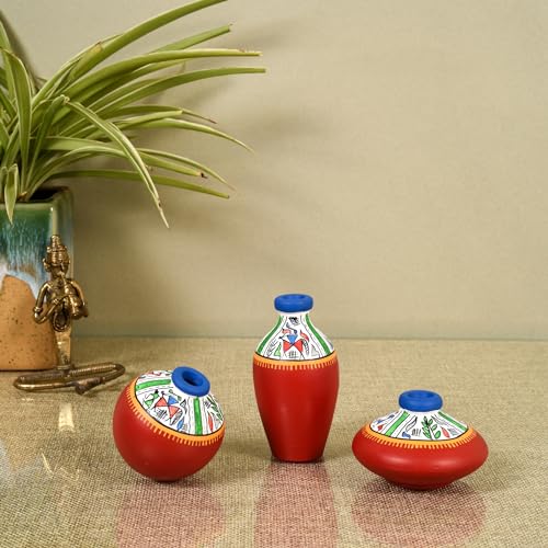 Image of Aakriti Art Creations Artisanal Harmony Vase Set of 3 | Hand-Painted Warli Art Terracotta Vases in Red | Matte Finish Decorative Vases for Living Room, Table Decor & Gifting