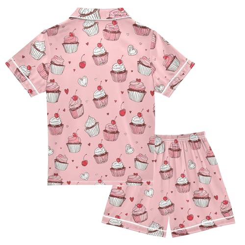Pink Cherry Cupcake Prints Summer Satin Pajama Set, Cute Button-Down Sleepwear Pj Set for Sleep Wears2