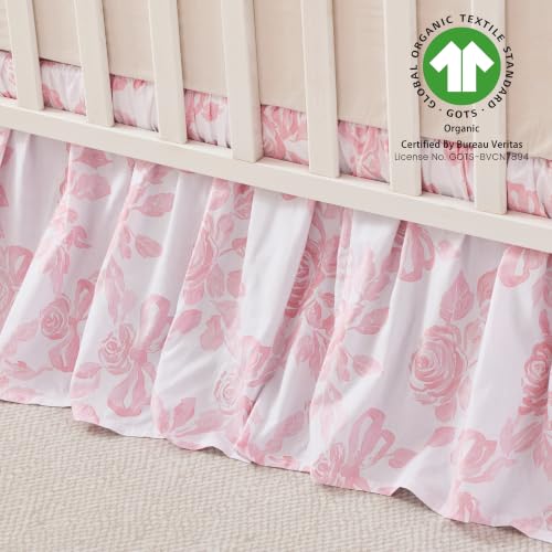 Image of Brandream Organic Cotton Crib Skirt Dust Ruffle, Baby Girl Crib Bed Skirt, 4-Sided, Luxury French Vintage Pink Rose Floral & Bow Cottagecore Toddler Bedskirt Farmhouse Chic Nursery Bedding Skirt