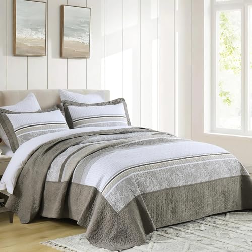 Image of 100% Cotton Oversized King Bedspread 120x120, Textured Stripe | Extra-Wide Coverage, Reversible 3-Piece Bedding Set, Fits Thick Mattresses, Lightweight All-Season Comfort, Farmhouse, Greige