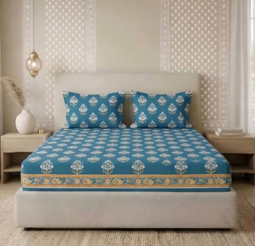 Image of BSB HOME 240 TC Cotton Fitted Double Bedsheet with 2 Pillow Covers, Soft Breathable & Skin Friendly, Jaipuri Printed, Elastic Fitted Bedsheet (72 x 78 + 8 Inches) (Mughal Buti Print - Peacock Blue)