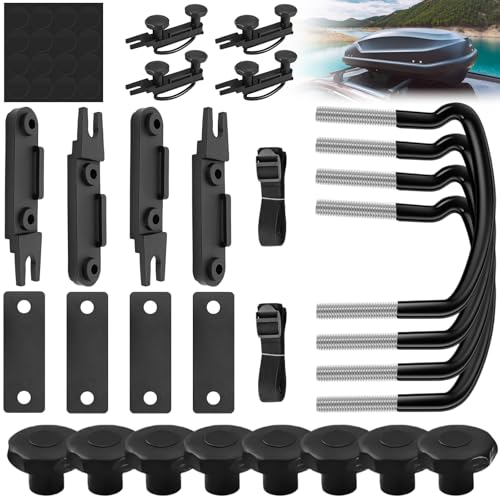 4 Pezzi Fissaggio a U per Box da Tetto con 8 Dadi di Bloccaggio & 2 Bende, Kit Montaggio Tetto Auto Furgoni Universale, Accessori Box Tetto Universali, Supporto Installazione a U per Impieghi Gravosi