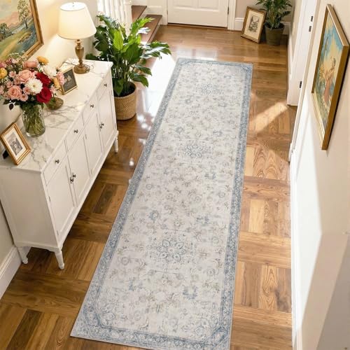 jinchan Runner Rug 3x10 Vintage Floral Distressed Hallway Rug, Blue/Gray