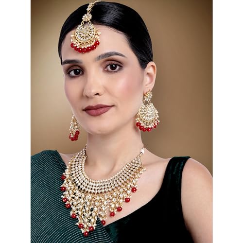 Image of Peora Kundan & Beads Studded Necklace Earrings & Maangtikka Set Ethnic Jewellery for Women & Girls