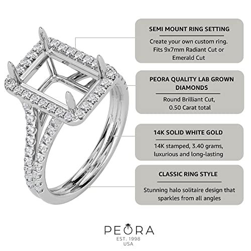 Peora Solid 14K White Gold Classic Solitaire Semi Mount Ring Setting For Women, Fits 9X7Mm Emerald Cut Or Radiant Cut Stone With Lab Grown Diamonds 0.50 Carat Total (G-H Color, Vs Clarity), Size 5 #TOP4