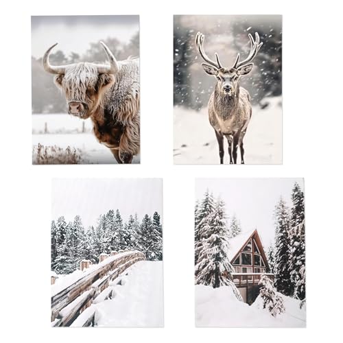 4 Stück Winterliche Wandbilder Set Rahmenlos Poster Weihnachtsbilder...