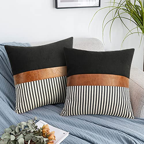 16x16 Pillow Covers Set of 2 Boho Rustic Farmhouse Decorative Striped and Black Linen Throw Pillow Covers Modern Brown Faux Leather Covers for Couch Sofa,Black Striped