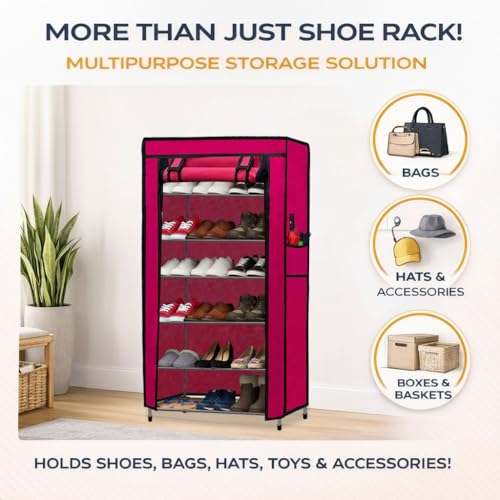 Image of Metal Shoe Stand with Cover, 6 Tier Shoe Organizer for Home & Office - Pink