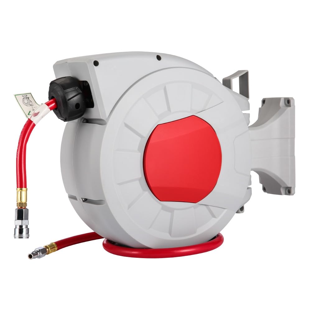 Air Hose Reel,1/4" Air Compressor Hose Reel,Retractable,Wall Mounted,Automatic Rewind,Swivel Bracket (10m+1m)