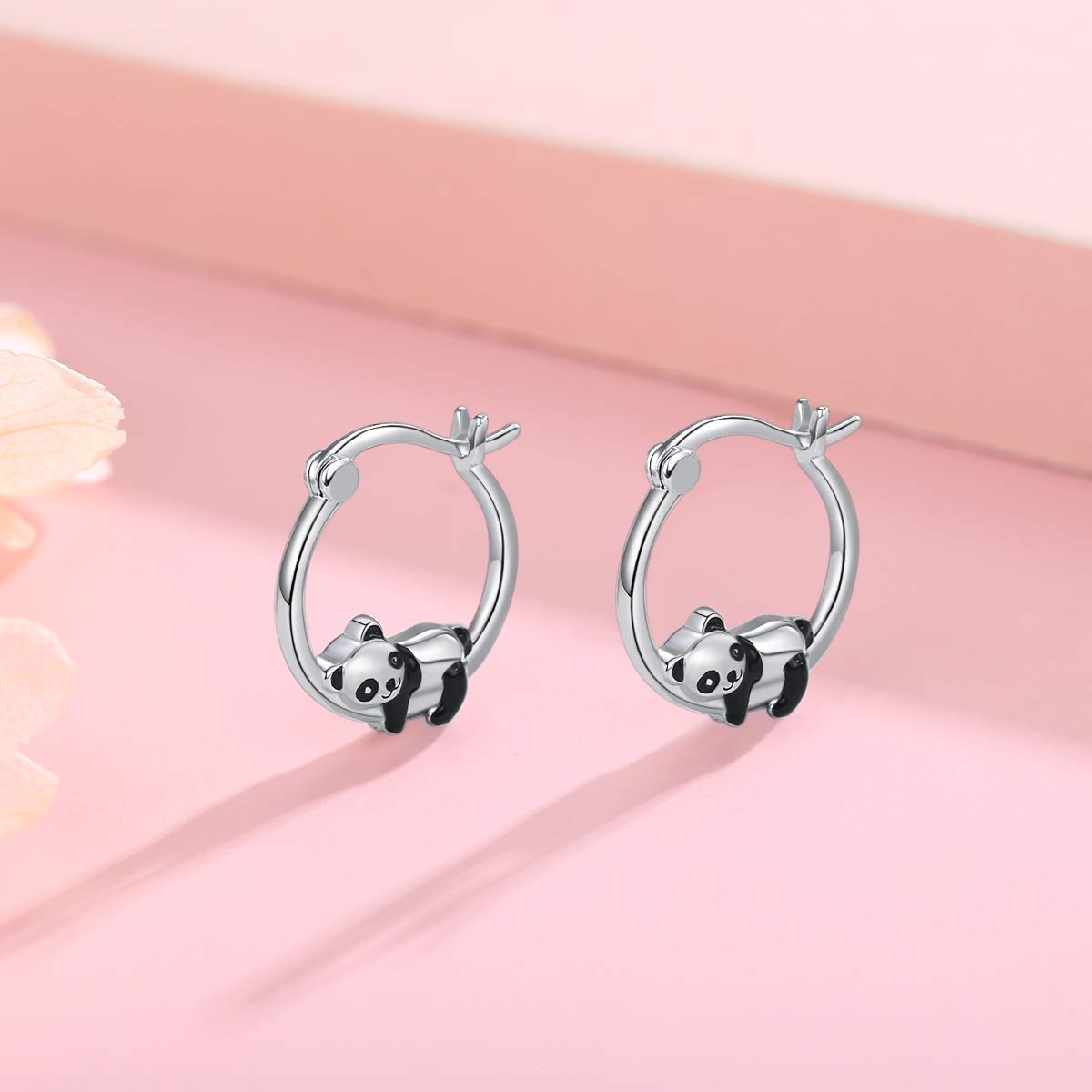 Orecchini a forma di panda, in argento Sterling 925, piccoli orecchini a cerchio con colibrì, delfino, graziosi orecchini a cerchio per donne, ragazze, fidanzate, figlie, 15 Millimeter, Argento