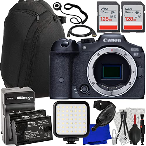 Ultimaxx Advanced Canon R7 Mirrorless Camera Bundle (Body Only) - Includes: 2X 128GB Ultra Memory Cards, 2X Replacement Batteries, Ultra-Bright LED Light Kit, 100S Sling Backpack & More (24pc Bundle)