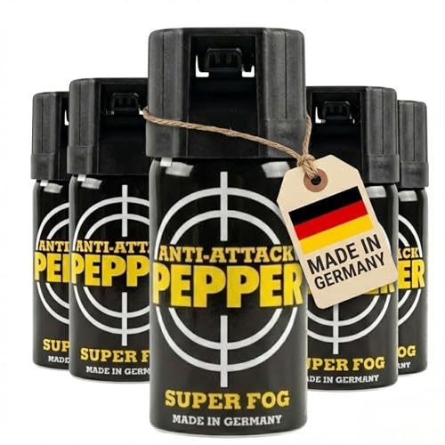 Anti-Attack Pfefferspray Super Fog Tierabwehrspray – Hochdosiertes Abwehrspray mit Schutzkappe, Made in Germany, 40 ml, Kegelförmiger Sprühstrahl für maximale Trefferfläche (5 Stück)