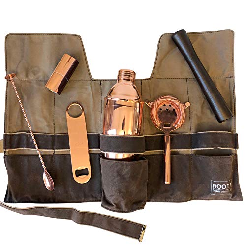 Mixology Bartender Kit | Premium Copper Cocktail Set | 6-piece | Cocktail Shaker Set including Cocktail Shaker 19 oz, Bar Blade, Jigger, Wood Muddler, Cocktail Strainer, Bar Spoon and Wax Canvas Bag