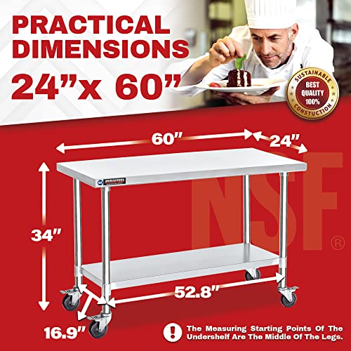 Image of DuraSteel 24x60 NSF Stainless Steel Cart - Heavy Duty Food Prep Table with Undershelf - Rolling Kitchen Island on Wheels for Commercial Restaurant Kitchen, Garage, Outdoor Cooking, BBQ Grill, Counter