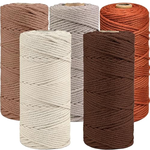 Mockotta 5 Stück Makramee Garn, 5 Farben (Mokkabraun, Hellbraun, Ziegelrot, Gebrochenes Weiß,Dunkelbraun) 3mm x 50m Macrame Cord, Weich & Stabil, Perfekt für Wandbehang, Pflanzenhalter, DIY Handwerk