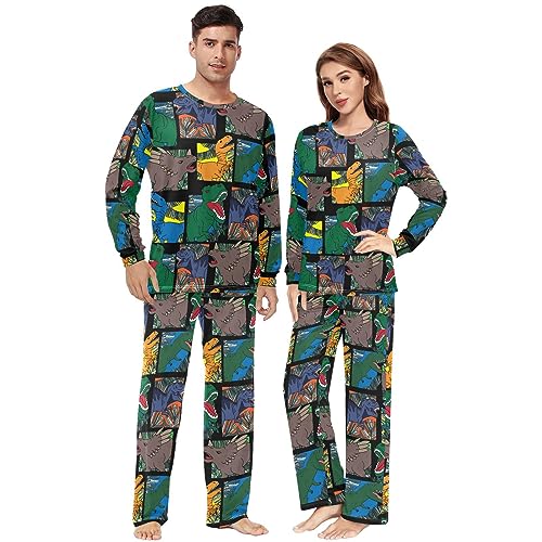 Unisex Pajama Set Cartoon Dinosaur Family Matching Long Sleeve 2 Piece Sleep Lounge Set for Men & Women