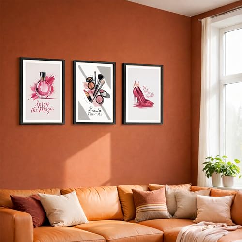 Image of NoWorries inchPink Fashion Wall Art Framed Painting Set of 3 | Perfume Bottle, Makeup Essentials & High Heel Illustration Posters with Frame | Glam Beauty Decor Frames for Bedroom, Vanity, Salon, Girls Room | Modern Chic Framed Wall Art (Art-18, 10x13inch, Wooden)