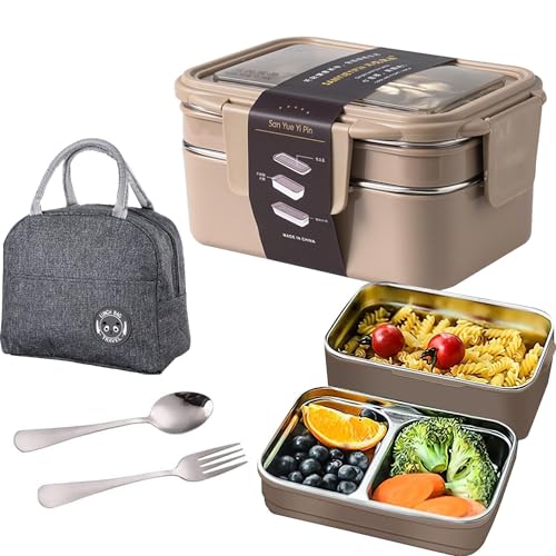 HI-FINE Lunch Box 2 Tier Stainless Steel Bento Lunch Box with 3 Compartments and Cutlery (Spoon & Fork) for Kids and Adults Leakproof | BFA Free | Allow Dishwasher 1000ml (Brown)