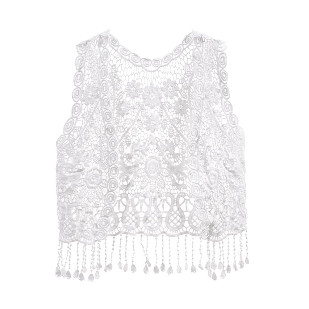 Girls Crochet Vest Cardigan with Fringe V-Neck Sleeveless Boho Vest Hollow Out Cardigan
