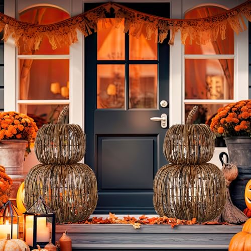 Colingmill 20 Inch Set of 2 Wicker Rattan Pumpkin Stackable Pumpkins Set, Natural Woven Large Pumpkin Balls Stacked Thanksgiving Ball Ornament for Halloween Party Yard Fall Home Porch Decor
