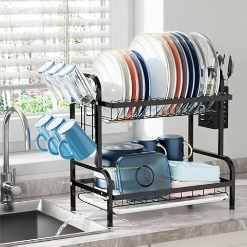 iSPECLE 2 Tier Dish Drying Rack with Cup Holder and Drainboard Cover