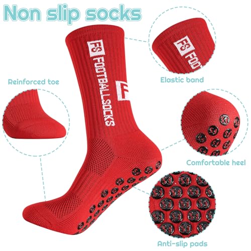 FANTESI 3 Paare Fußballsocken für Herren Damen, Sportsocken Fußball Anti Rutsch Grip Fußball Socken 39-46 Rutschfeste Sportsocken für Fussball Basketball Laufen, Rot