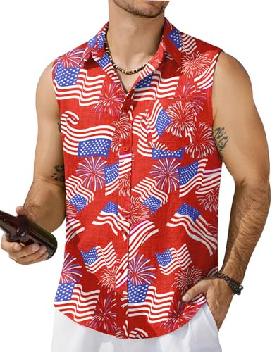 COOFANDY Mens Sleeveless Beach Shirts Summer Button Up Tank Tops Casual Textured Tank 4th of July Floral Shirt