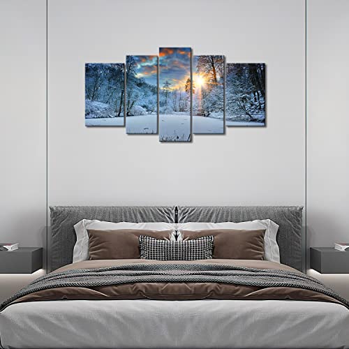 Modern Canvas Painting Wall Art Snowfield Winter Snow Forest Tree Sunrise Sunset Landscape Mountain & Tree Print On Canvas Artwork Wall Decor (B) #TOP7