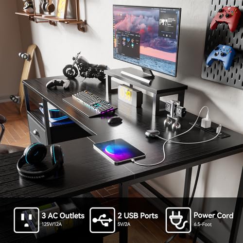 Image of Furologee 50 Inch L Shaped Gaming Desk with Power Outlet, Corner Computer Desk for Home Office, Reversible Work Study Table with File Drawer, Monitor Stand, Storage Shelves, Black