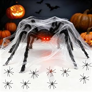 Halloween Spinne Dekorationen, iesige schwarze Spinne 250cm Mit LED Augen Halloween Dekoration+60g Dehnbare weißen Spinnenweben+10 Fake Spinnen, für Halloweenparty Dekoration von Tisch, aus und Garten