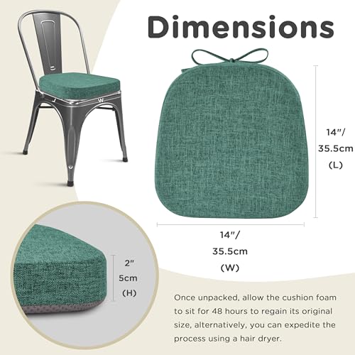 Image of AddGrace Set of 6 Chair Cushions for Metal Dining Chairs 14x14 Green | Non Slip,Washable Removable Cover with Ties, Textured, for Kitchen Dining Room Indoor, Hard Wooden Chairs, Family Gathering