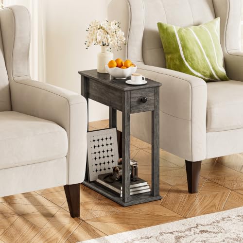 Image of CHOEZON Farmhouse End Table, 2-Tier Narrow Side Table with Drawer, Wooden Nightstand, for Small Space, Living Room, Bedroom