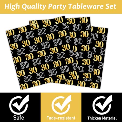 Image of 96PCS 30th Theme Birthday Party Tableware Vintage 1996 Party Supplies 30 Year Old Birthday Decorations Plates Napkins Forks Black and Gold Dinnerware Favors for Men or Women