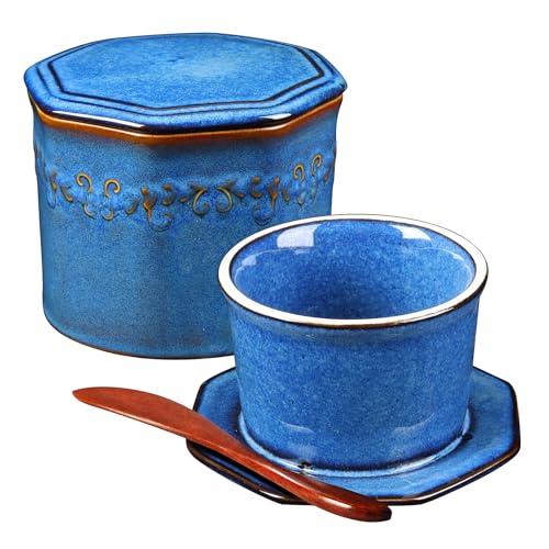 BoFuYuan Butter Crock, French Butter Keeper with Water for Counter,w/ Lid & Wood Spreading Knife.Butter Keeper to Leave On Counter.Butter Crock With Lid Suitable for Chrismas Gift Home Kitchen Decor.