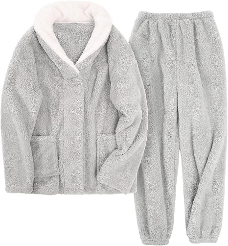 La Mejor Lista de Pijamas para Mujer más recomendados. 43 DORGKIRA Conjunto de Pijama Mullido para Mujer,Pijama de Forro Polar Suave Invierno,2 Piezas Cálida Tops de Manga Larga con Botón y Pantalón Largo (MX/US, Alfa, Mediano,...