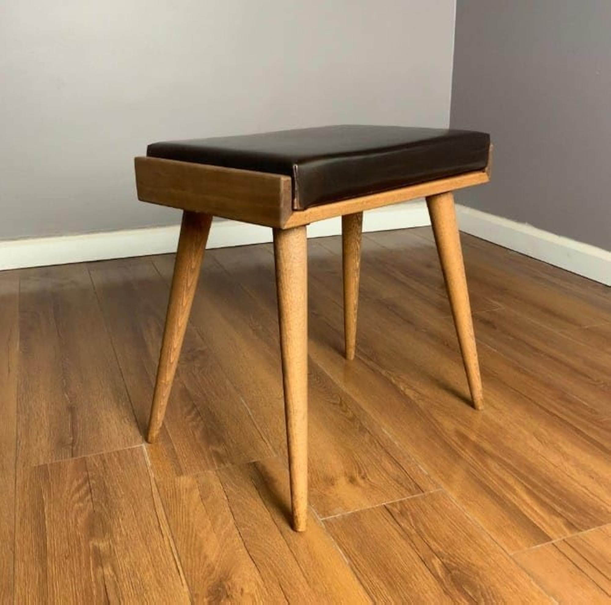 Solid Sheesham Wood Stool with Cushion, Black Leather
