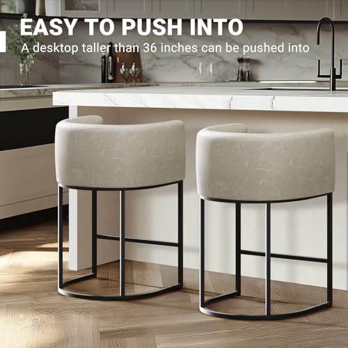 Image of 26 inch H Counter Height Bar Stools Set of 2, Modern Barrel Counter Stools with Backrest and Arms, Faux Leather Upholstered Accent Barstools for Kitchen Island,Support 450 LBS (Grayish White)
