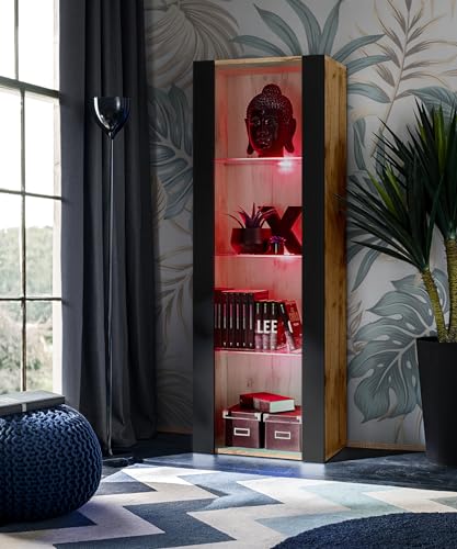 Komodee, Vitrine Schrank Tivoli, Schwarz/Wotan, Breite 55cm x Höhe 159cm x Tiefe 35cm, LED RGB, 3 Regalböden, Glassvitrine für Wohnzimmer, Schlafzimmer, Eingang