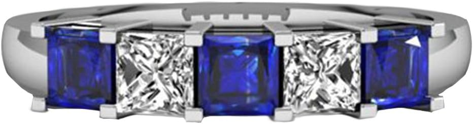 Dazzlingrock Collection Princess Blue Sapphire & White Diamond 5 Stone Bridal Wedding Band Ring, 14K Solid White Gold