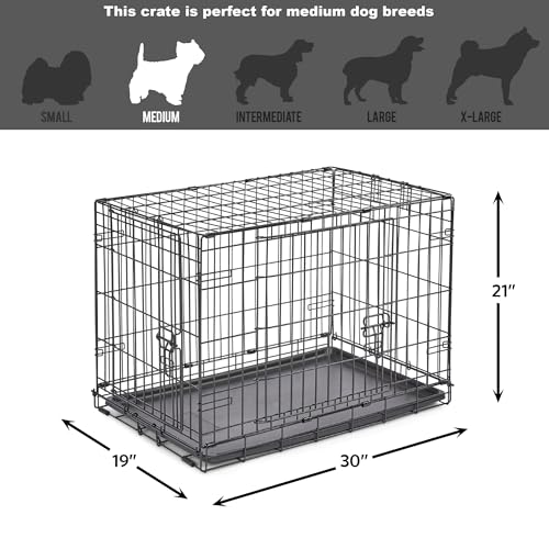 Doppeltürige, zusammenklappbare Metall-Hundebox, 76 cm, verbesserte Sicherheit, inkl. auslaufsicherer Wanne, für mittelgroße Rassen