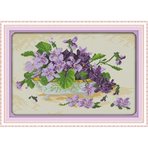 Image of JOYSEWING Purple Flower Basket Cross Stitch Kits Flower Classic Series Stamped Embroidery Starter Sets for Beginners DIY Home Decoration DMC 11CT- (Violet Bonsai(11CT) 18.11 x13.39 inches)