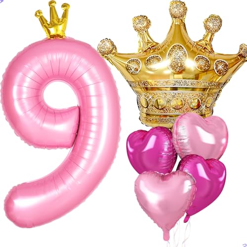 Princess 9th Birthday Party Decorations, 40 inch Large Pink Crown 9 Balloon for Girls’ Princess Royal Birthday Decorations, Party Supplies Favors, Anniversaries(Number 9 Foil Mylar Birthday Balloon)