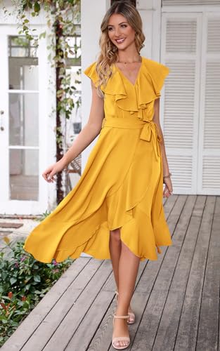 Image of PRETTYGARDEN Women's 2023 Summer Wrap Maxi Dress Casual Boho Deep V Neck Short Sleeve Ruffle Hem Split Beach Long Dresses