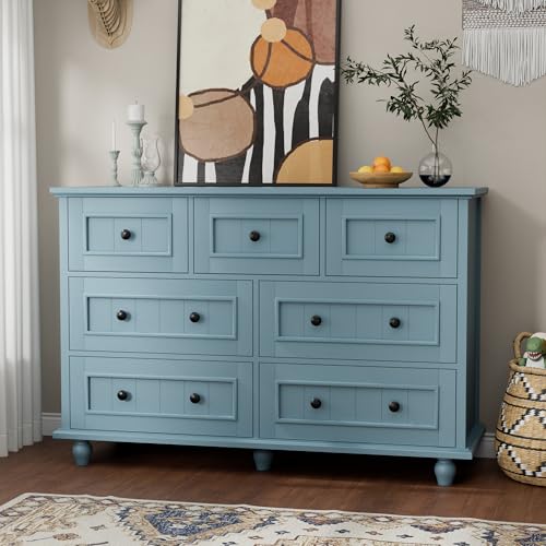 Image of Scurrty Antique Dresser, Modern Chest of Drawers, 7 Drawers Large Cabinet with Storage, Dresser for Clothes in Living Room, Bedroom (Blue)